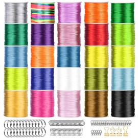 Fesorsi 129 Pcs Nylon String for Bracelets, 25 Rolls Chinese Knotting Cord, 0.8 mm Nylon Cord, 104 pcs Braided Rope Accessories for Kumihimo, DIY Bracelet, Jewelry Making, Tassels