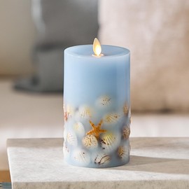 Luminara Flameless LED Candle Soft Chambray Embedded Seashell & Starfish Moving Flame Pillar Unscented Real Wax with Recessed Edge (6.5-inch)