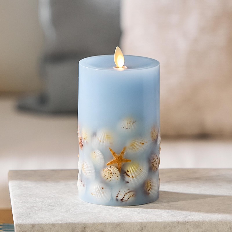 Luminara Flameless LED Candle Soft Chambray Embedded Seashell & Starfish