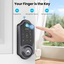 DEVO G8 Smart Lock, 6-in-1 Fingerprint Keyless Entry Door Lock with Doorbell, Built-in Wi-Fi, APP Remote, Auto-Lock, Front Door Smart Deadbolt, Easy Install, IP54 Waterproof(Gray)