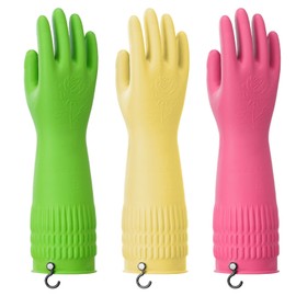 Rubber Dishwashing Gloves for Kitchen - Ausdown 3 Pairs Non-Slip 15inch Long Cleaning Washing Dish Household Latex Glove (Medium)