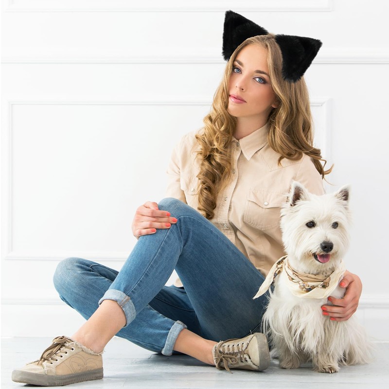 Broeify Black Furry Cat Ears Headband – Plush Fluffy Animal