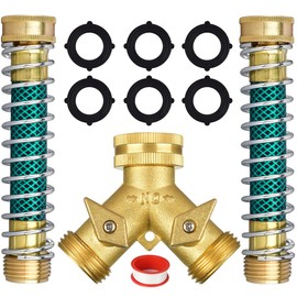 Brass Hose Splitter 2 Way, Heavy Duty Garden Hose Y Splitter with 2 Hose Protectors 6 Extra Rubber Washers