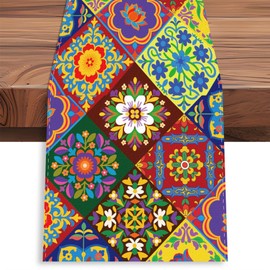 WADORN Mexican Talavera Ceramic Tile Table Runner, 13x72 Inch Mexican Fiesta Kitchen Dining Table Decoration Farmhouse Holiday Tables Runners for Home Kitchen Holiday Ethnic Folk Cinco De Mayo Party