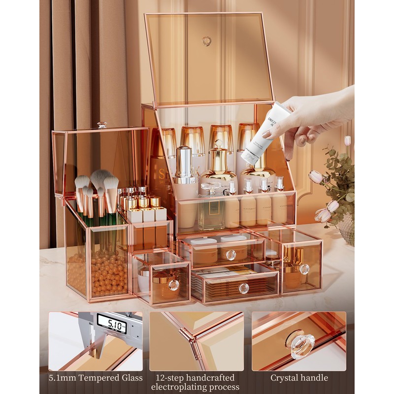 Youdepot Glass Makeup Storage for Vanity and Bathroom Countertop –