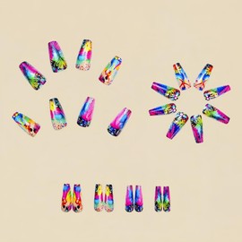 Mardi Gras Press on Nails Medium Square False Nails with Colorful Rhinestone Design Pink Plume Stick on Nails Beauty Fake Nails Glossy Cute Flower Summer Glue on Nails for Women Girls Manicure 24Pcs