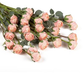 DuHouse - 24 rosas artificiales clásico de seda con tallo, ramos de rosas falsas para arreglo, centro de mesa, fiesta, decoración del hogar (degradado rosa claro)