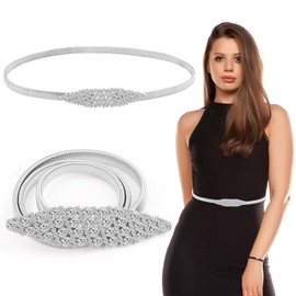 Sopoloray 1Pcs Women's Skinny Metal Waist Belt,Elastic Rhinestone Chain Belt for Dresses,Adjustable Shiny Silver Lozenge Waistband for Wedding,Party,Formal,Casual Outfits