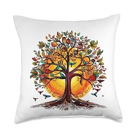 Natur Lebensbaum Yoga Spiritualität Geschenkideen Tree of Life with Fruit, Birds and Sunset Throw Pillow, 18x18, Multicolor