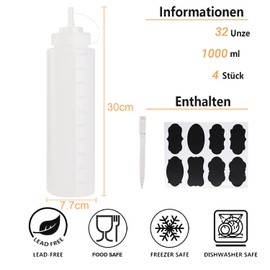 YBCPACK Squeeze Bottle 1000 ml, Pack of 4 Ketchup Bottles with Leak-proof Cap and Measuring Scale, Food Safe, Refillable Squeeze Bottle for Sauces, Ketchup and Salad Dressing