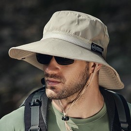 Outdoor Sun Hat with Wide Brim for Men - UPF 50+ UV Protection, Waterproof and Breathable Fishing Cap, Foldable Summer Hat for Outdoor Activities and Travel - Color: Beige