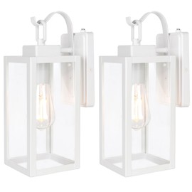 LIT-PaTH Dusk to Dawn Outdoor Wall Lantern, Wall Sconce as Porch Lighting Fixture, E26 Medium Base Max 60W, Anti-Rust Metal with Glass Shade, White, 2-Pack