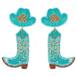 Emulily Beaded Cowboy Hat & Boots Post Earrings Handmade Western Boots (Turquoise)