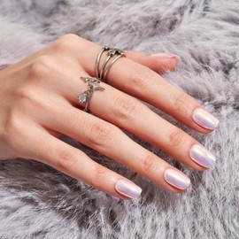 Wooyas Chrome Press on Nails Short, Light Pink Aurora Nails Magic Mirror Effect Fake Nails, Pink Handmade Reflective Mirror Square Stick On Nails Reusable, 24 Nail Kit with Jelly Glue Pad for Women