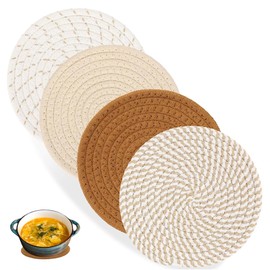Set of 4 Pot Coasters, Heat Resistant, Braided Coasters, Cotton Thread Weaving Mat, 18 cm Pot Coasters, Pot Coasters Set, Round, for Dining Room, Office, Kitchen, Hotel