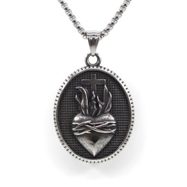 Scddboy Sacred Heart of Jesus Necklace for Men,Jesus Christ Sacred Heart Medal Pendant with 22+2" Stainless Steel Chain, Stainless Steel, sacred heart of jesus