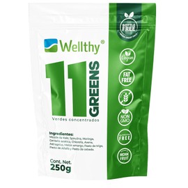 Wellthy 11 Greens: Jugo Verde en Polvo 250g con Espirulina. Producto Vegano, Fat Free, Gluten Free, NON GMO, Bottle Free.