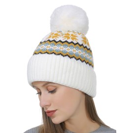 Belle Dame Winter Beanie Hat for Women Knit Snowflake Hat Faux Fur Pompom Hat Fleece Lined Toque (HT504-WT)