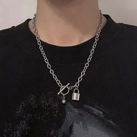 Erimberate Bohemian Lock Choker Necklace Silver T Bar Pendant Necklace Lock Paper Clip Link Chain Necklace Bell Toggle Clasp Necklace Jewelry for Women Gifts