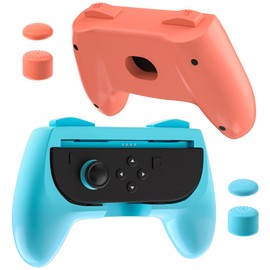 FUNDIARY Blue+Orange Grip Compatible with Switch 2 Controller, Durable Grip Accessories Bundle for Switch 2 Controller with Comfortable and Fast Release Design Handle Grip and 4 Thumb Caps - 2 Packs