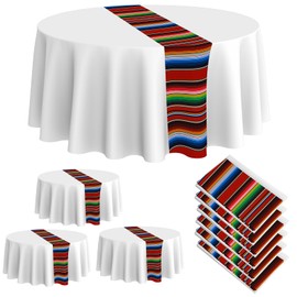 Oudain 6 Pcs Mexican Fiesta Tablecloth 84 Inch Plastic Tablecover Waterproof Round Tablecloth Striped Serape Table Runner for Mexican Carnival Wedding Taco Party Decorations (White)