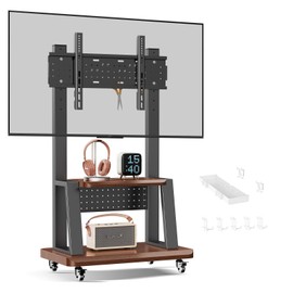 Mobile TV Cart Rolling TV Stand with Pegboard Storage for 32-75 Inch Screens up to 180 lbs, Height Adjustable Heavy-Duty Portable Floor TV Stand on Lockable Wheels with Shelf Max VESA 600x400mm