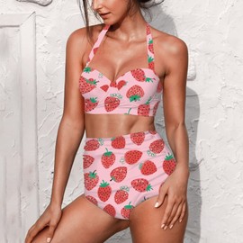 Jndtueit Red Strawberry Women's High Waisted Bikini Top, Cartoon Fruit Neck-Tied Swimsuit Bikinis Sets, Pink Elastic Swimsuit 2 Piece Bathing Suit