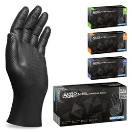 Progrip Disposable Gloves, Black, Extra Strong, Nitrile Gloves, XXL, 2 x Thicker, Disposable Gloves with Diamond Grip, Work Gloves for Workshop, Industry & Assembly, Pack of 50