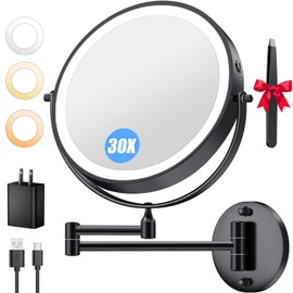 9'' 30X/1X Wall Mounted Lighted Makeup Mirror, 5000mAh Rechargeable Double-Sided Magnifying Mirror with Light, Vanity Mirror Touch Dimmable 3 Colors 360° Rotation Extended Foldable Arm, Power Adapter
