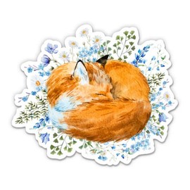 Pretty Sleeping Fox with Flowers - 5" Vinyl Sticker - for Car Laptop I-Pad - Waterproof Decal
