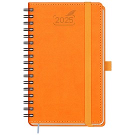 BEZEND Pocket Calendar 2025 for Purse Spiral Bound 3.5" x 6", 2025 Pocket Planner Daily Weekly & Monthly Small Agenda with Self-Adhesive Pen Holder, Vegan Leather Softcover - Orange