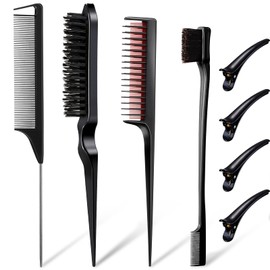 Juego de 8 cepillos de bordes, peine de borde con clips para el pelo, peine de peinado de pelo de doble filo, cepillo de pelo de triple burla, peine de cola de rata, resistente para mujeres, niñas, niños, estilistas de pelo (negro)