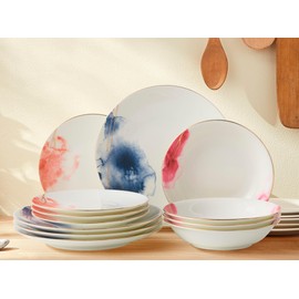 Dinner Set for 4, Premium Quality Fine China Dinner Sets, Classic Design 12 Piece Dinner Set Tableware Comes with Dinner Plates Side Plates and Pasta Bowls with Gold Banding (Dinner Set for 4)