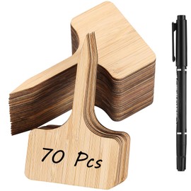 70Pcs Bamboo Plant Labels with 1 Marker Pen, T-Type Natural Seedling Nursery Sign Tags, Wood Garden Markers Decorative Patio Tags for Outdoor Indoor Potted Plants Herbs Flowers Vegetables