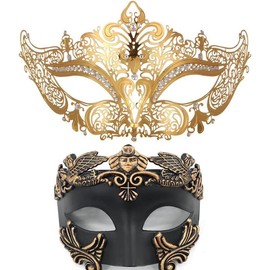 Masquerade Mask for Couple,Men Greek Roman Mask Women Metal  Mask for  Mardi Gras Ball Party - Colour: Gold1