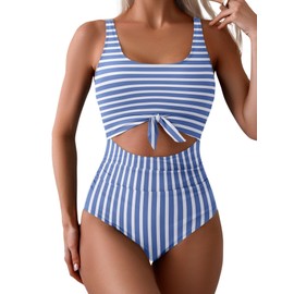 Eomenie Women's One Piece Swimsuit Tummy Control Slimming Bathing Suit Cutout Tie Knot Swimwear Blue Striped