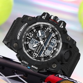Men's Military Watch Digital Sports Watch Outdoor Wrist Watch Men with Alarm Date Digital Watch for Teenagers Tactical Watch Men's Watches 50 m Waterproof 12/24 Hours, black and white, Strap.