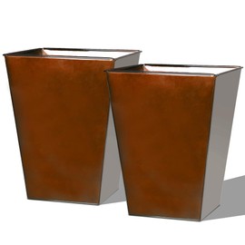 Worth Garden Large Metal Glazed Floor Planter Set of 2-14" Dia x 18" H - Luxurious Glossy Finish Red Tall Square Tapered Steel Plant Pots, Decor Flower Pot Indoor & Outdoor, Drainage Hole