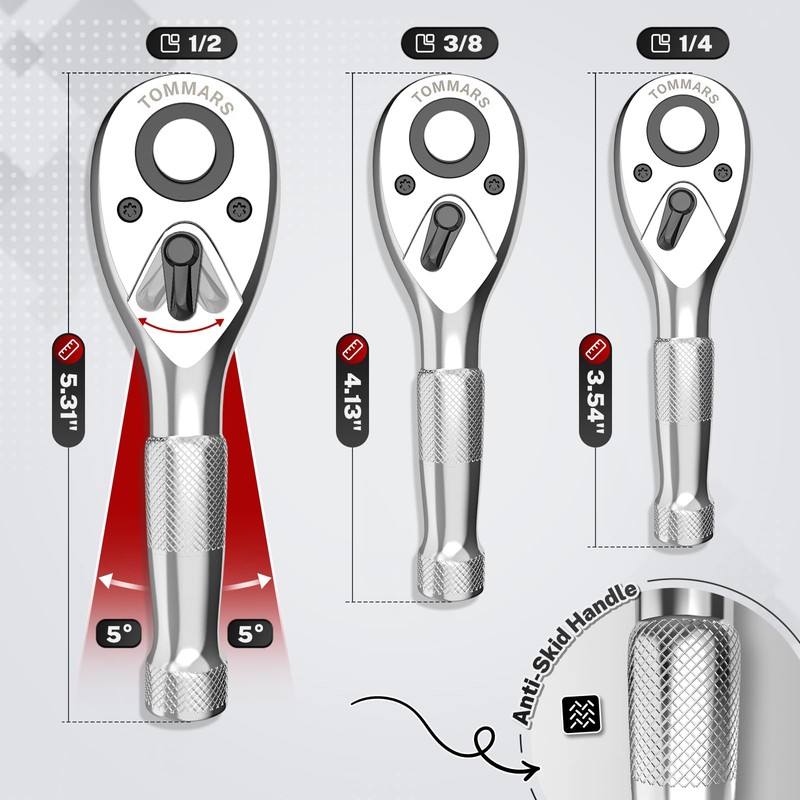 TOMMARS Stubby Ratchet Set, 1/4", 3/8", 1/2" Drive Ratchet Handle