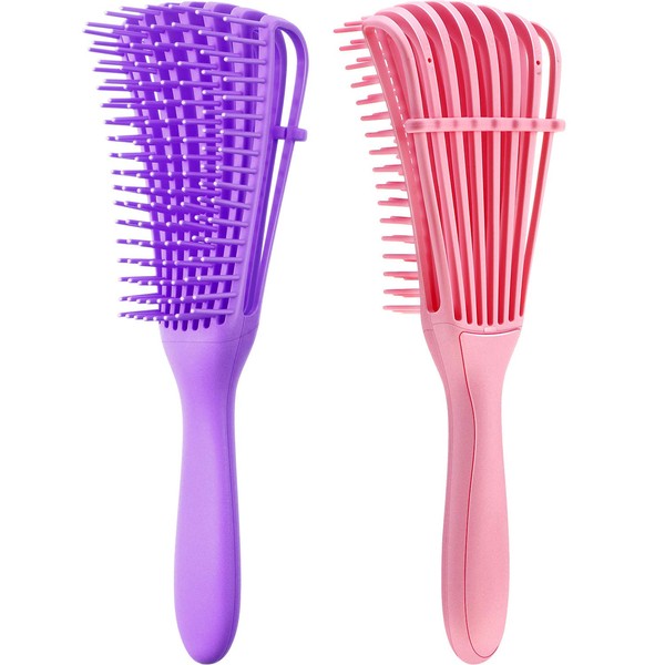 2 Pieces Detangling Brush for Afro America/ African Hair Textured 3a to 4c Kinky Wavy/ Curly/ Coily/ Wet/ Dry/ Oil/ Thick/ Long Hair, Knots Detangler Easy to Clean (Pink, Purple)