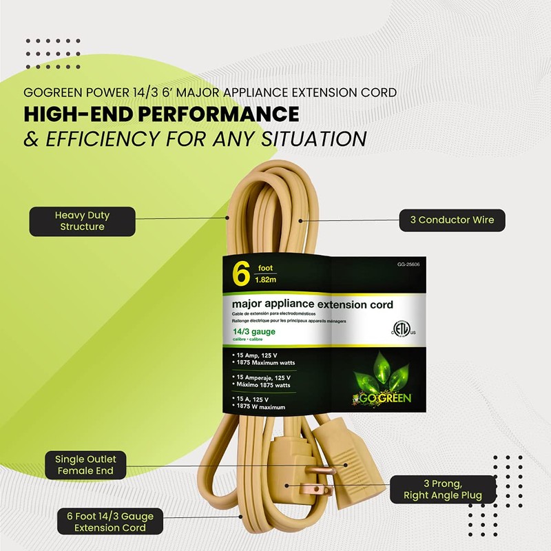 Go Green Power Inc. 6ft Heavy Duty Appliance Cord, Beige
