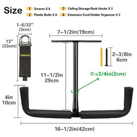 Tahikem 2 Set Overhead Garage Storage Rack, Heavy Duty Overhead Storage Double Hook, Ceiling Mount Hanger Safe Racks Hooks, Hanging for Lumber Ladder Storage & Other Bulky Items (Pack of 2 - Black)