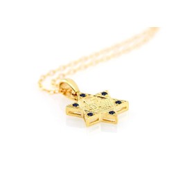 Star of David engraved Jerusalem Pattern Pendant, 22k Gold Plated Silver Magen David Pendant Necklace inlaid with 6 Black CZ Stones, Artisan Jewish Jewelry Gift from Israel
