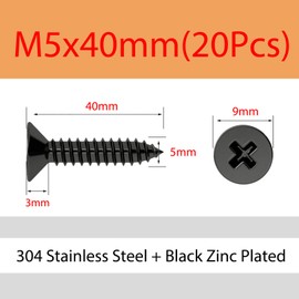 ORANXIN M5 x 40 mm, 20 pieces, 304 stainless steel, black galvanised, cross countersunk wood screws, self-drilling, small screws, flat head, self-tapping screws
