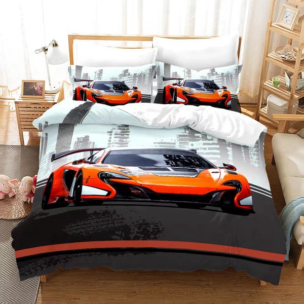 Set di biancheria da letto per auto da corsa, 135 x 200 cm, per bambini, colore rosso, set di biancheria da letto con chiusura lampo e 2 federe da 50 x 75 cm