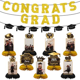 Graduation Decorations Class of 2025, 11PCS Congrats Grad Banners and Table photo Centerpiece Congratulate Graduation Honeycomb Table Toppers for Graduation Party Supplies