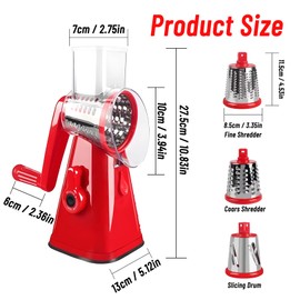 Rotary Cheese Grater - 3 Interchangeable Blades Manual Speed Round Food Slicer, Nut Grinder with Strong Suction Base Perfect for Cheese, Vegetable, Walnut, Chocolate, Potato, Carrot, (Red)