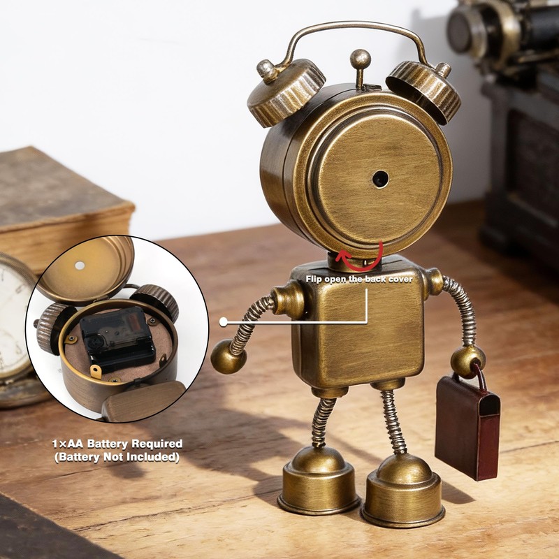 AYRELY® Industrial Steampunk Robot Table Clock,Battery Operated Metal Desk&Shelf Clock,Retro