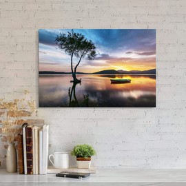 SD SOFT DANCE Natural Lake Landscape Picture Prints: Sunset Boat Scenery Painting Canvas Wall Art Nature Scene Artwork for Home Living Room Bedroom Office Wall Decor 24x16 Inch
