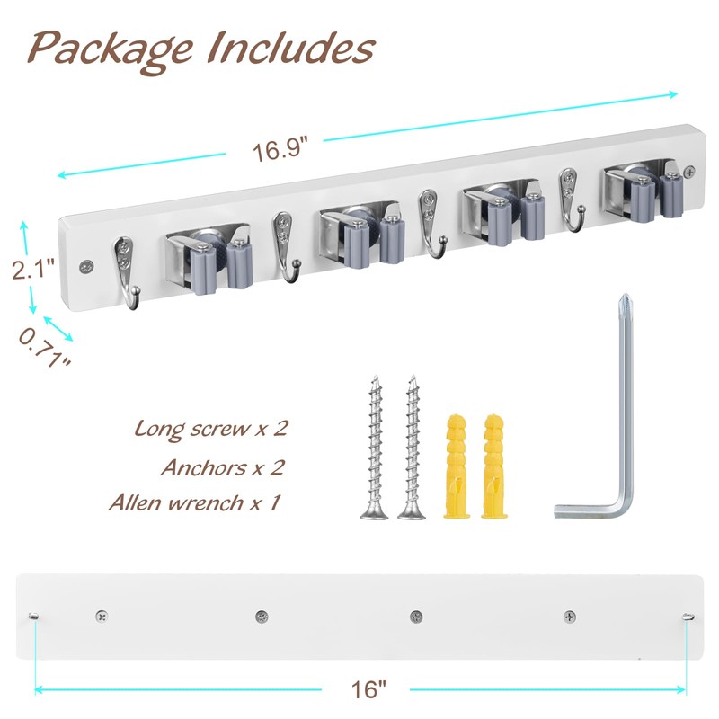 OUTNILI White Mop Broom Holder Wall Mount with 4 Slots